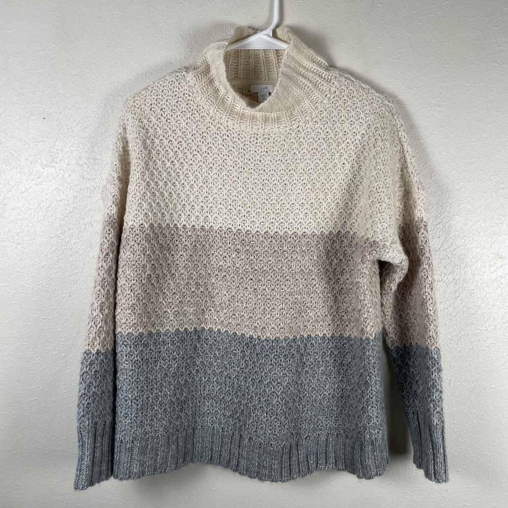 J. Jill‎ Colorblock Funnel Neck Sweater XS Petite Grey Cream Chunky Knit